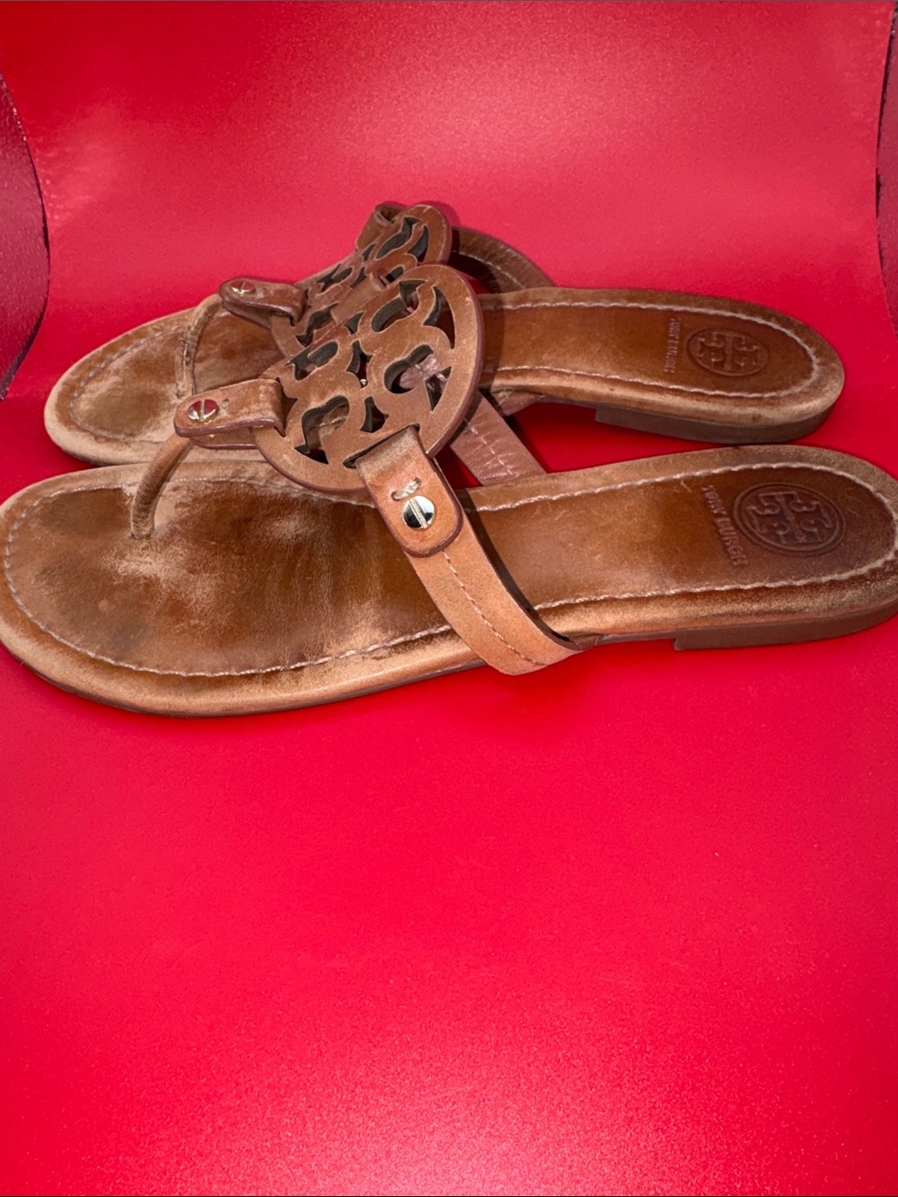Tory Burch Brown Leather Logo Miller Thong Sandals